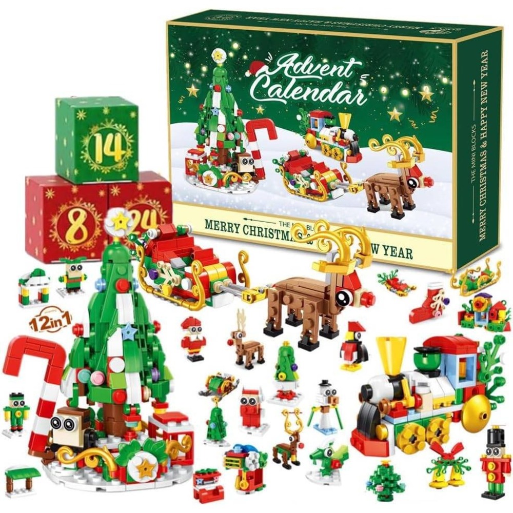 Christmas Advent Calendar Building Block Toy Holiday Train Reindeer Tree Figures